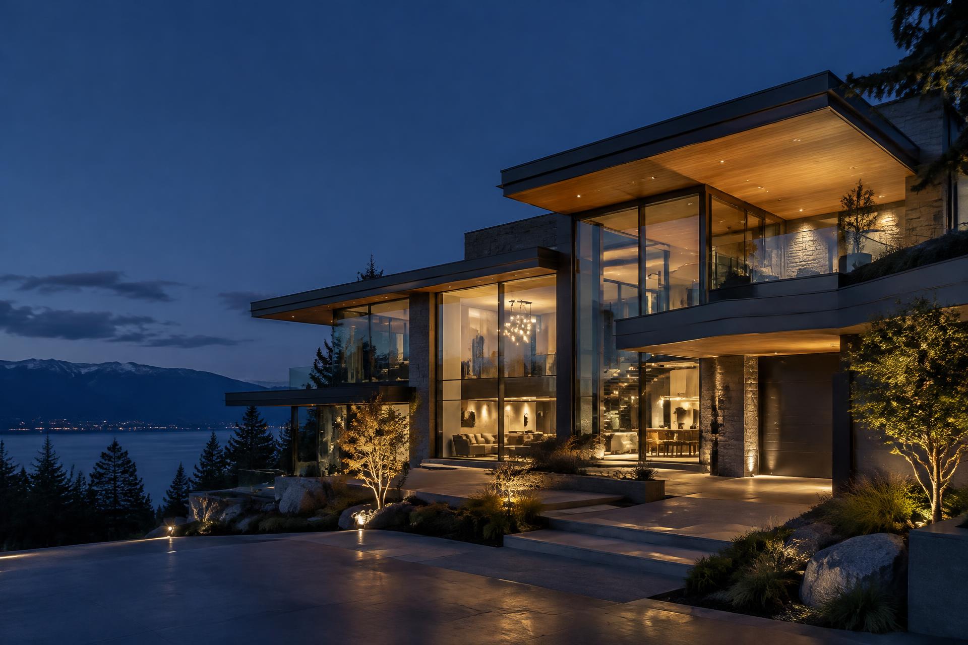 Modern luxury residence overlooking the water at blue hour