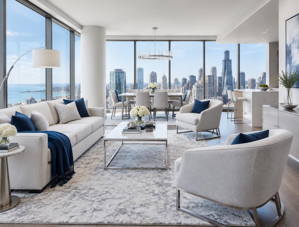 Refined contemporary condo interior styled for an open house